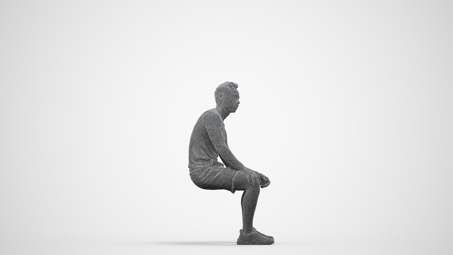 realistic 3D human man casual sitting, archviz people FBX OBJ for Blender, wireframe side view