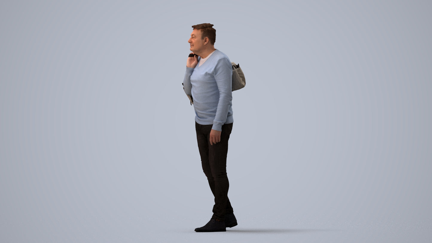 3D people model man casual walking, scanned human for 3ds Max rendering, three-quarter view render