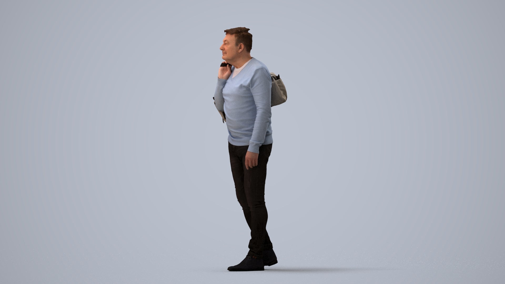 3D people model man casual walking, scanned human for 3ds Max rendering, three-quarter view render