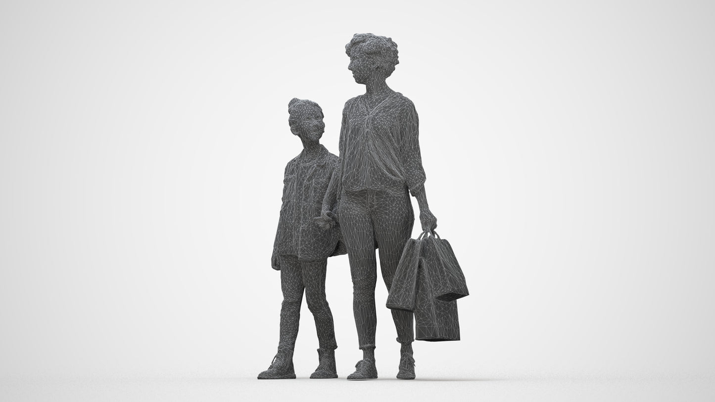 3D human model girl casual kids, photogrammetry scanned person for archviz, wireframe back view