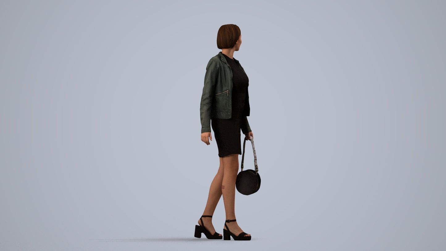 3D scanned woman walking casual, photorealistic archviz people for Enscape and SketchUp, side view render