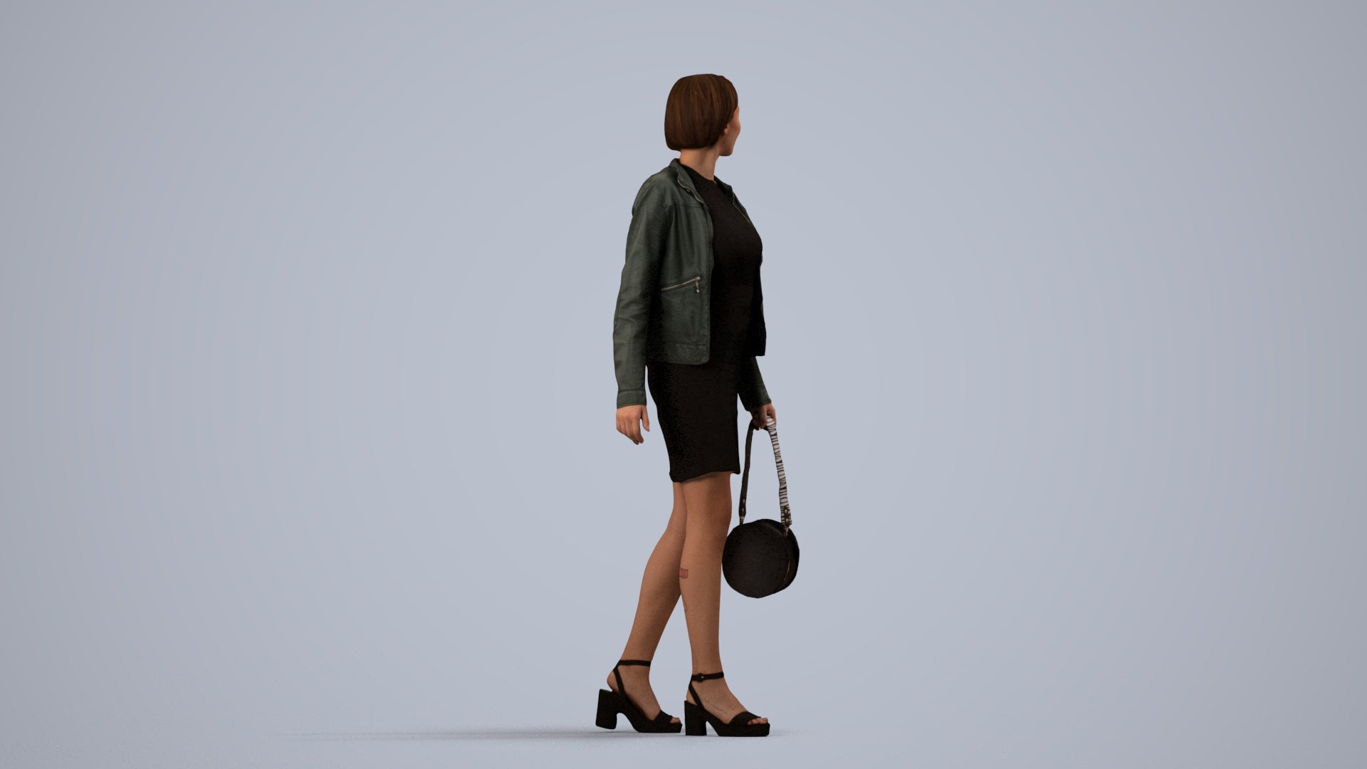 3D scanned woman walking casual, photorealistic archviz people for Enscape and SketchUp, side view render