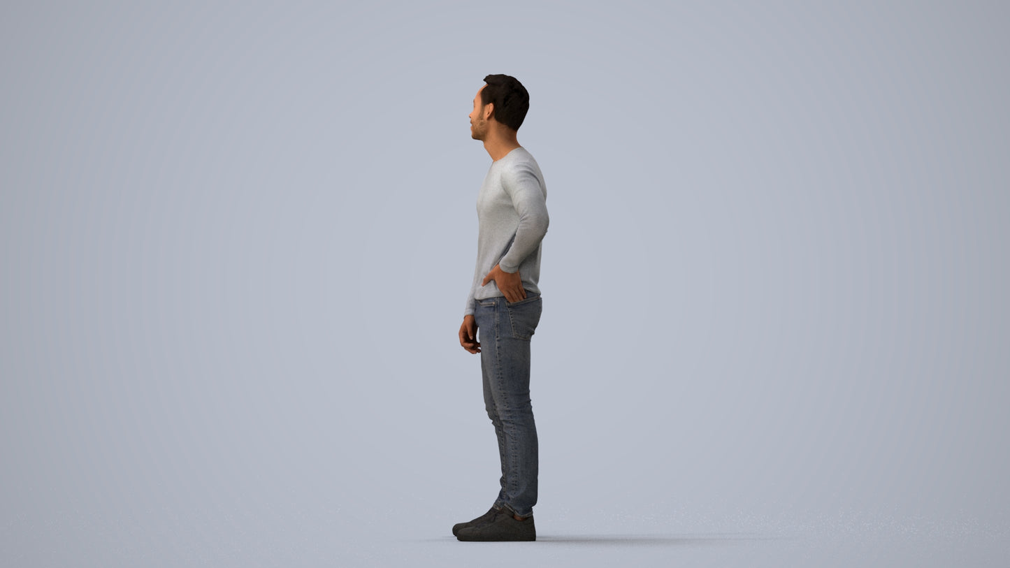 realistic 3D man casual standing, scanned archviz people for Blender and 3ds Max, three-quarter view render