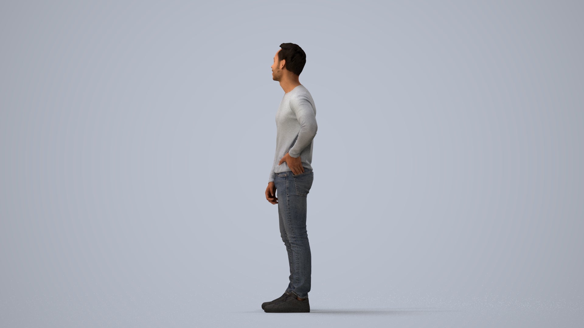 realistic 3D man casual standing, scanned archviz people for Blender and 3ds Max, three-quarter view render