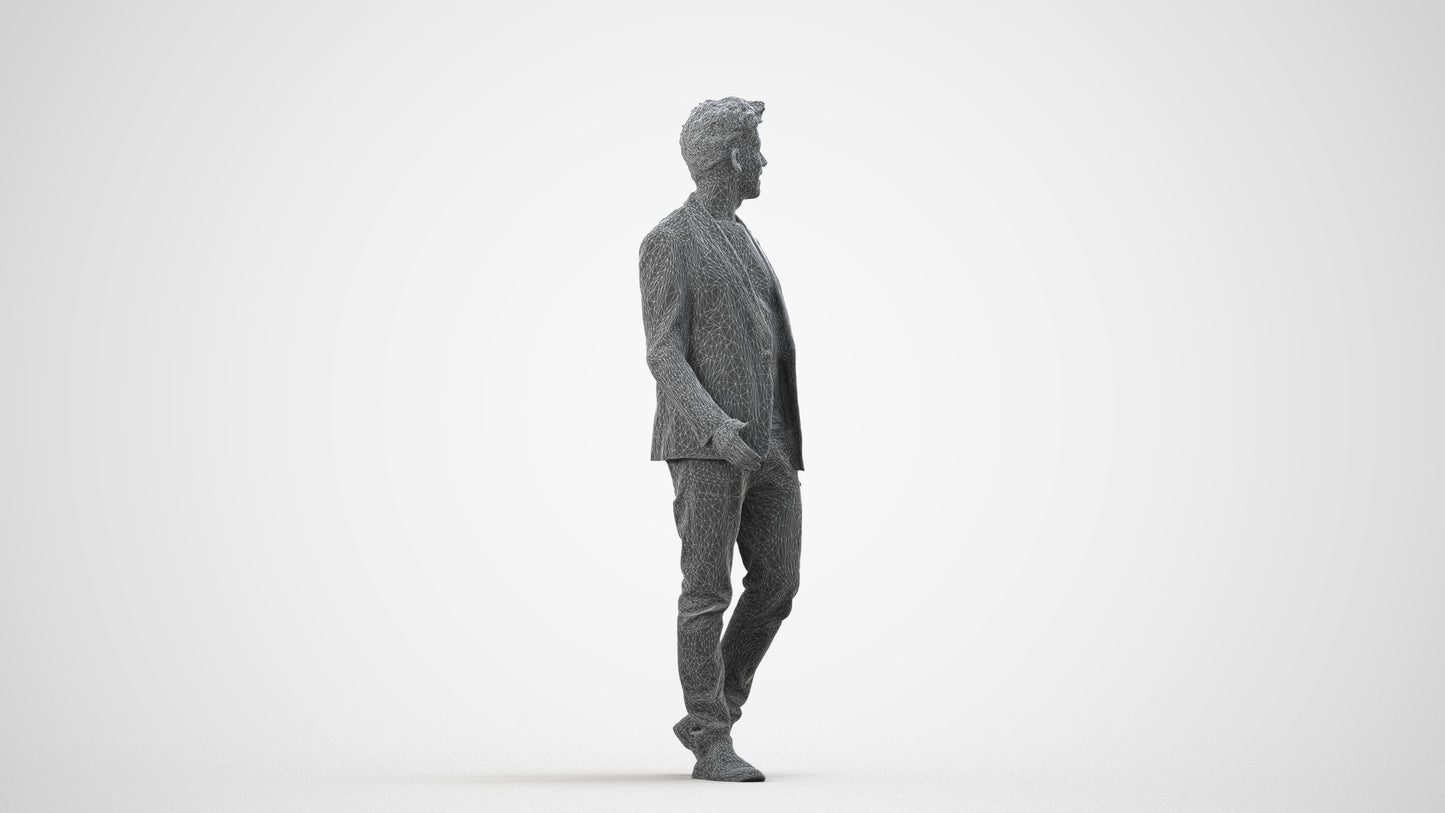 photogrammetry 3D man casual business, realistic human model archviz FBX, wireframe side view