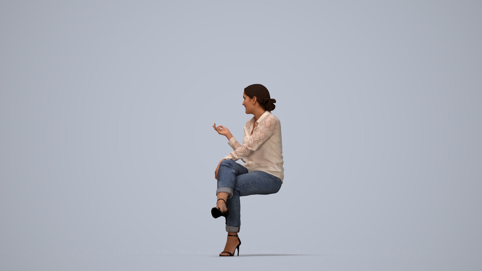 3D people model woman casual sitting, scanned human for 3ds Max rendering, top-down view render