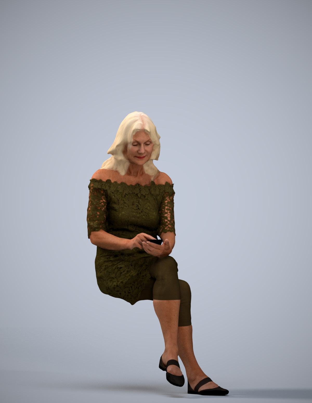 realistic 3D senior woman casual sitting, scanned archviz people for Blender and 3ds Max