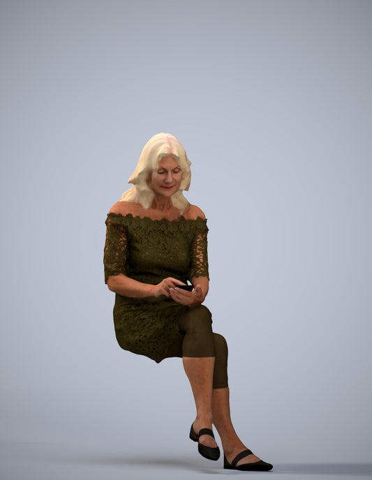 realistic 3D senior woman casual sitting, scanned archviz people for Blender and 3ds Max