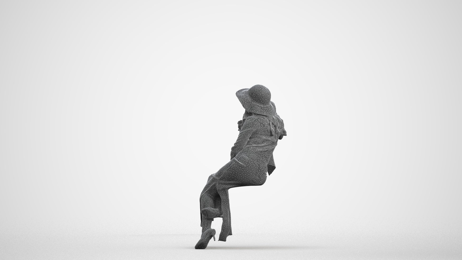 realistic 3D human woman casual sitting, archviz people FBX OBJ for Blender, wireframe front view
