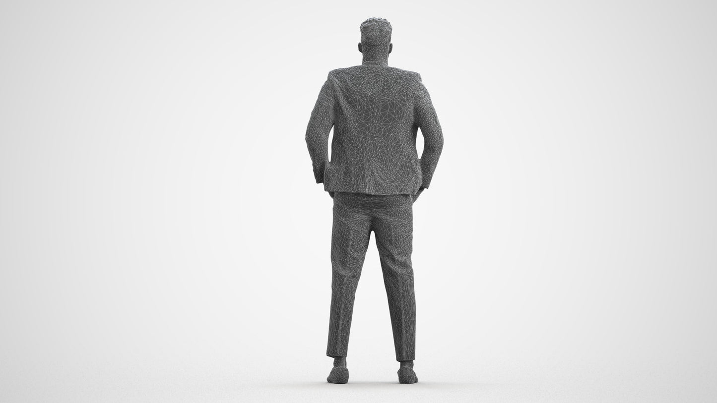 3D human model man casual formalaffairs, photogrammetry scanned person for archviz, wireframe front view