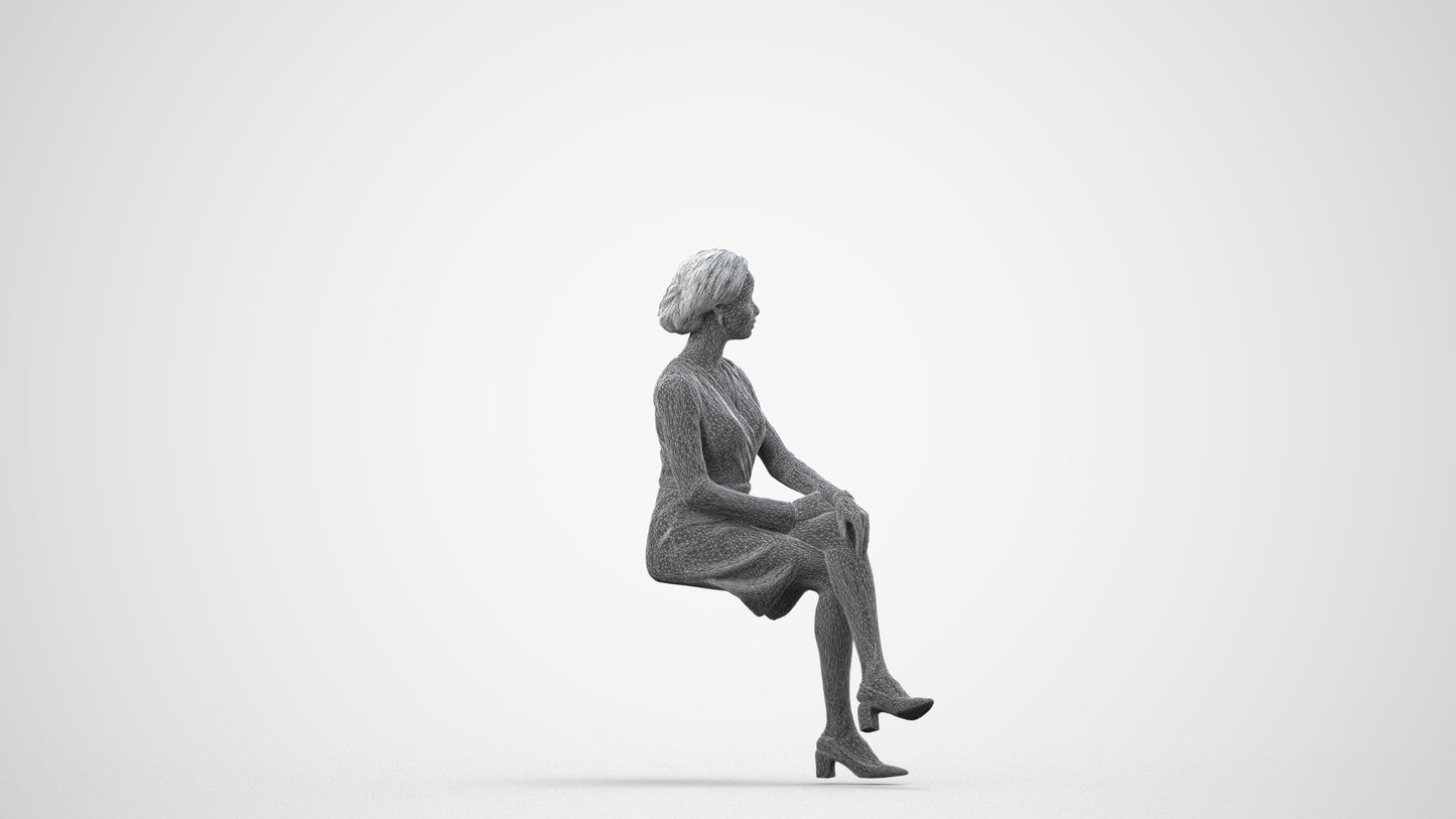3D people model woman casual sitting, scanned human for 3ds Max rendering, wireframe side view