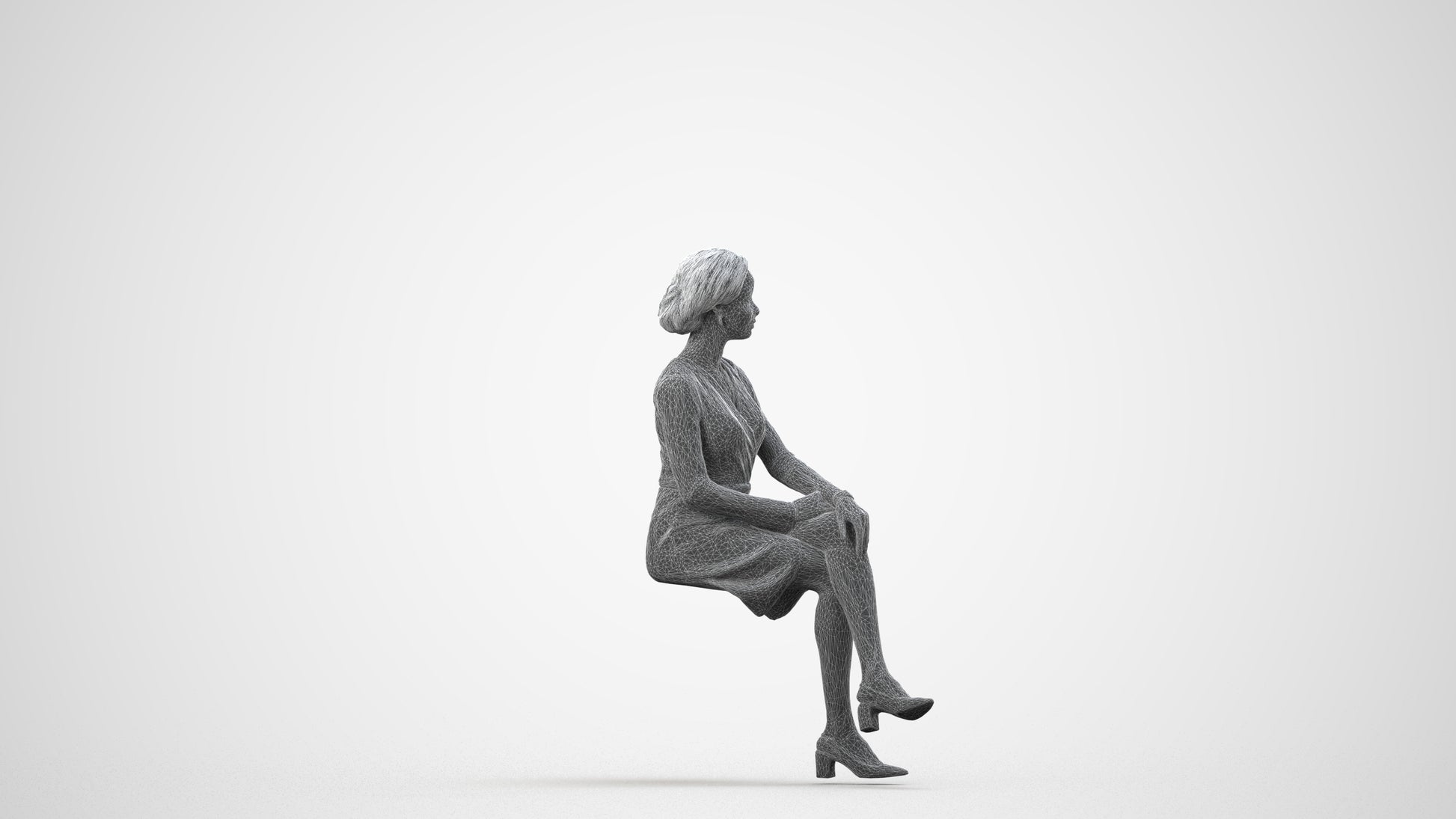 3D people model woman casual sitting, scanned human for 3ds Max rendering, wireframe side view