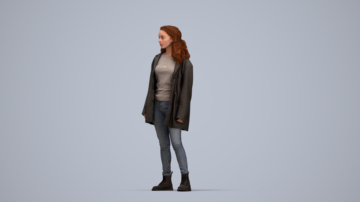 realistic 3D human woman casual standing, archviz people FBX OBJ for Blender, top-down view render