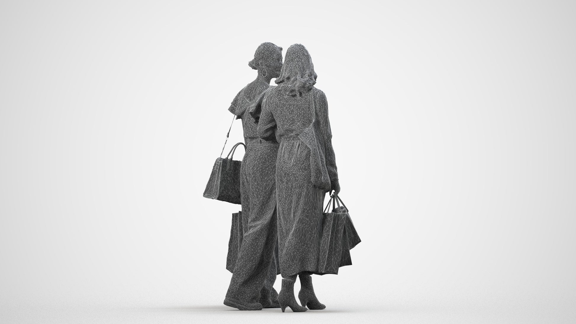 realistic 3D human woman shopping, archviz people FBX OBJ for Blender, wireframe side view