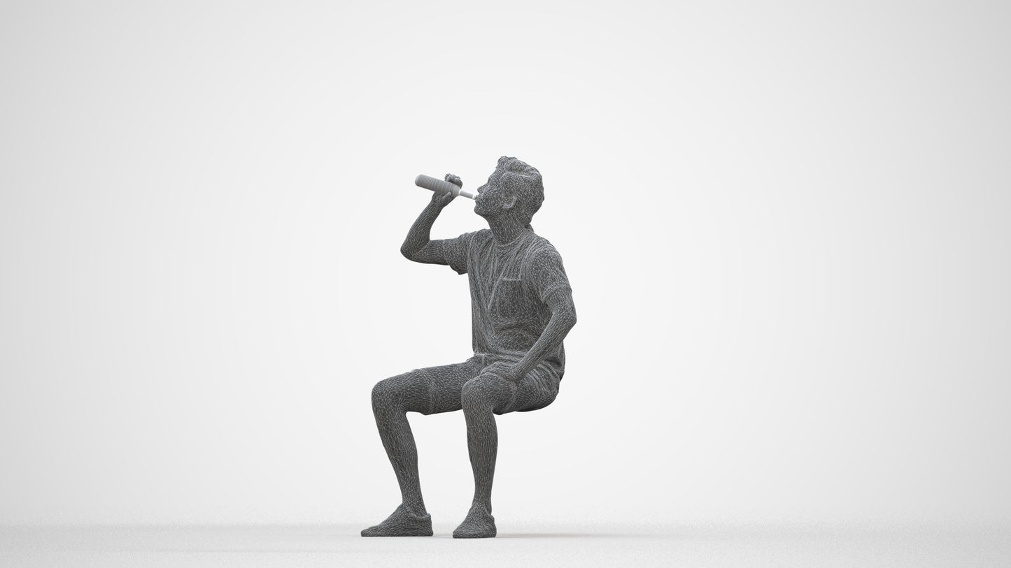 3D scanned man sitting casual, photorealistic archviz people for Enscape and SketchUp, wireframe back view