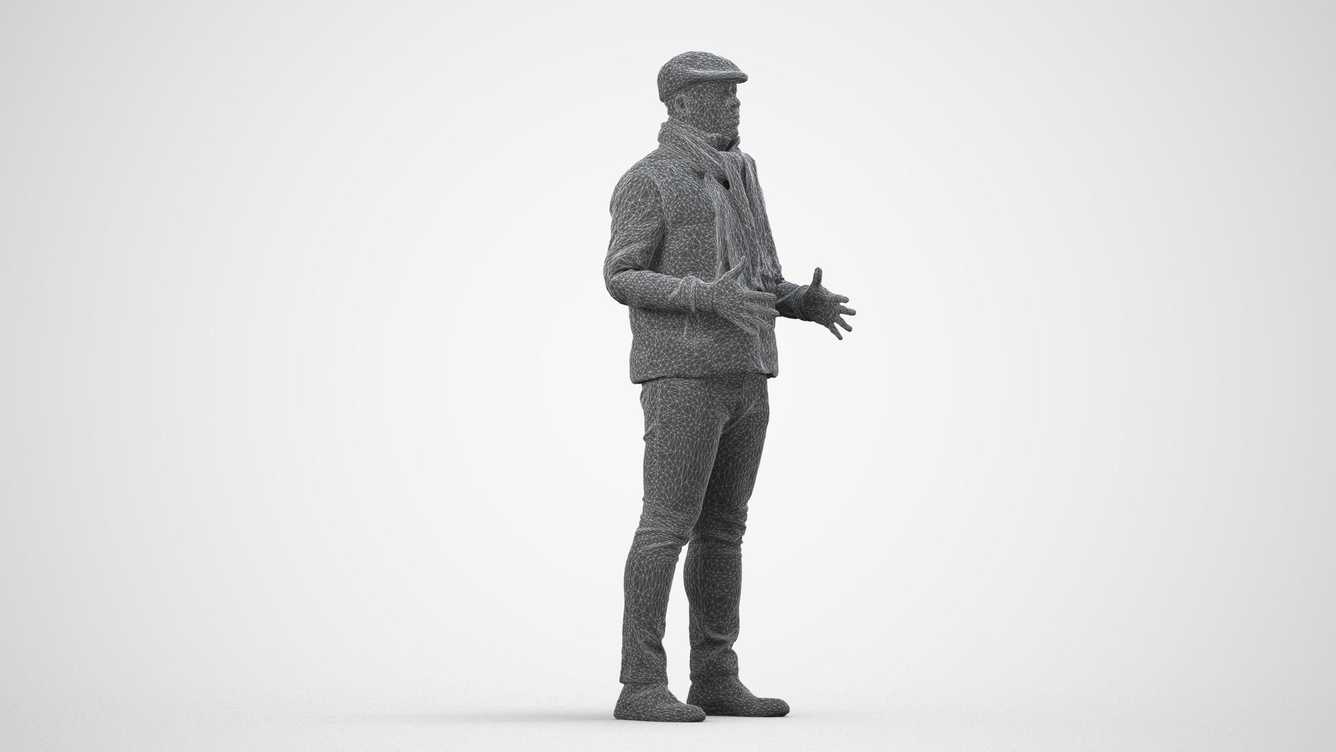 realistic 3D man casual standing, scanned archviz people for Blender and 3ds Max, wireframe side view
