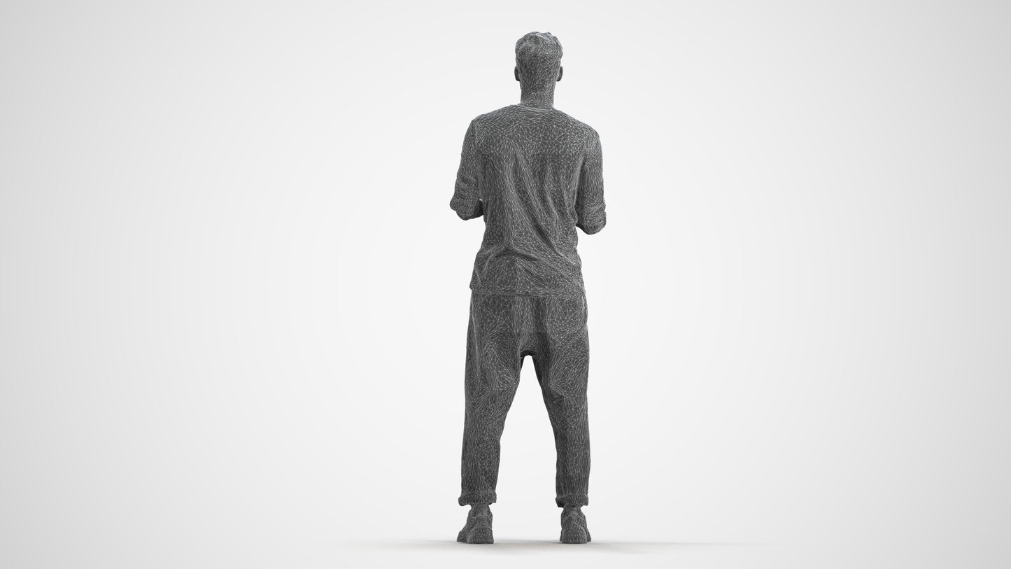 3D human model man casual standing, photogrammetry scanned person for archviz, wireframe front view