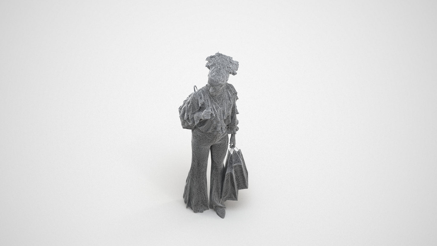 photogrammetry 3D woman casual shopping, realistic human model archviz FBX, wireframe three-quarter view
