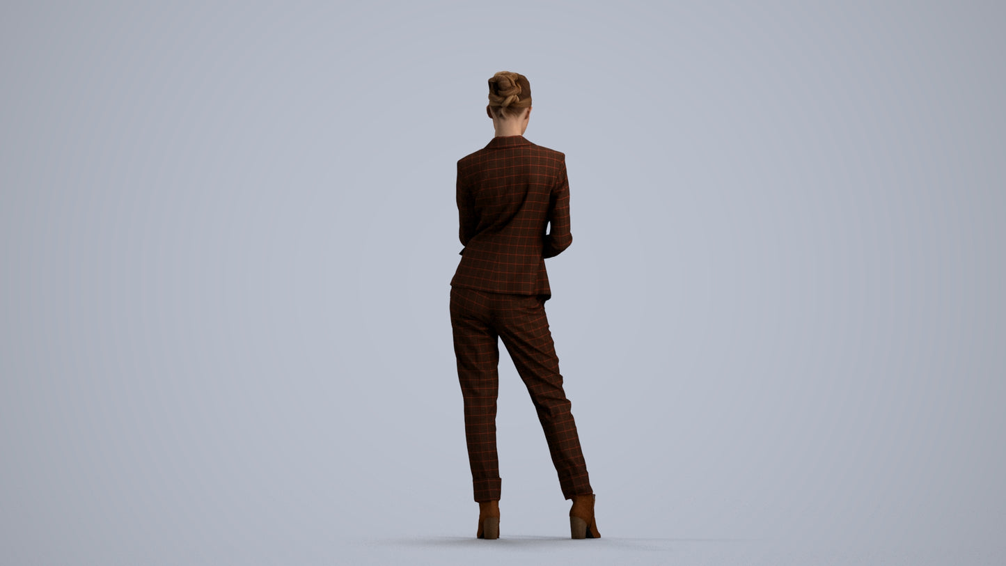 realistic 3D human woman business standing, archviz people FBX OBJ for Blender, front view render
