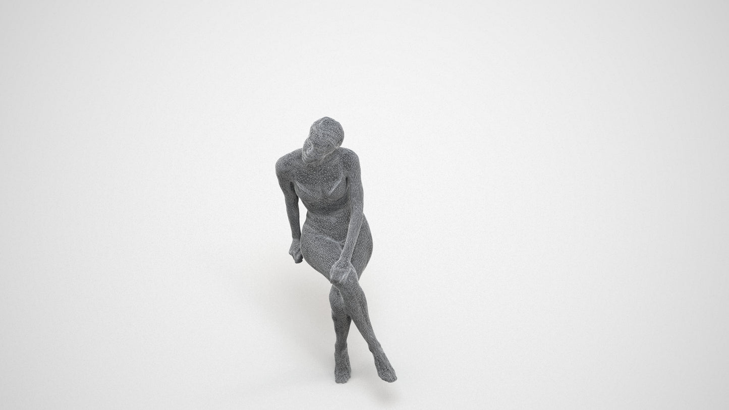 3D human model woman bathroom, photogrammetry scanned person for archviz, wireframe three-quarter view