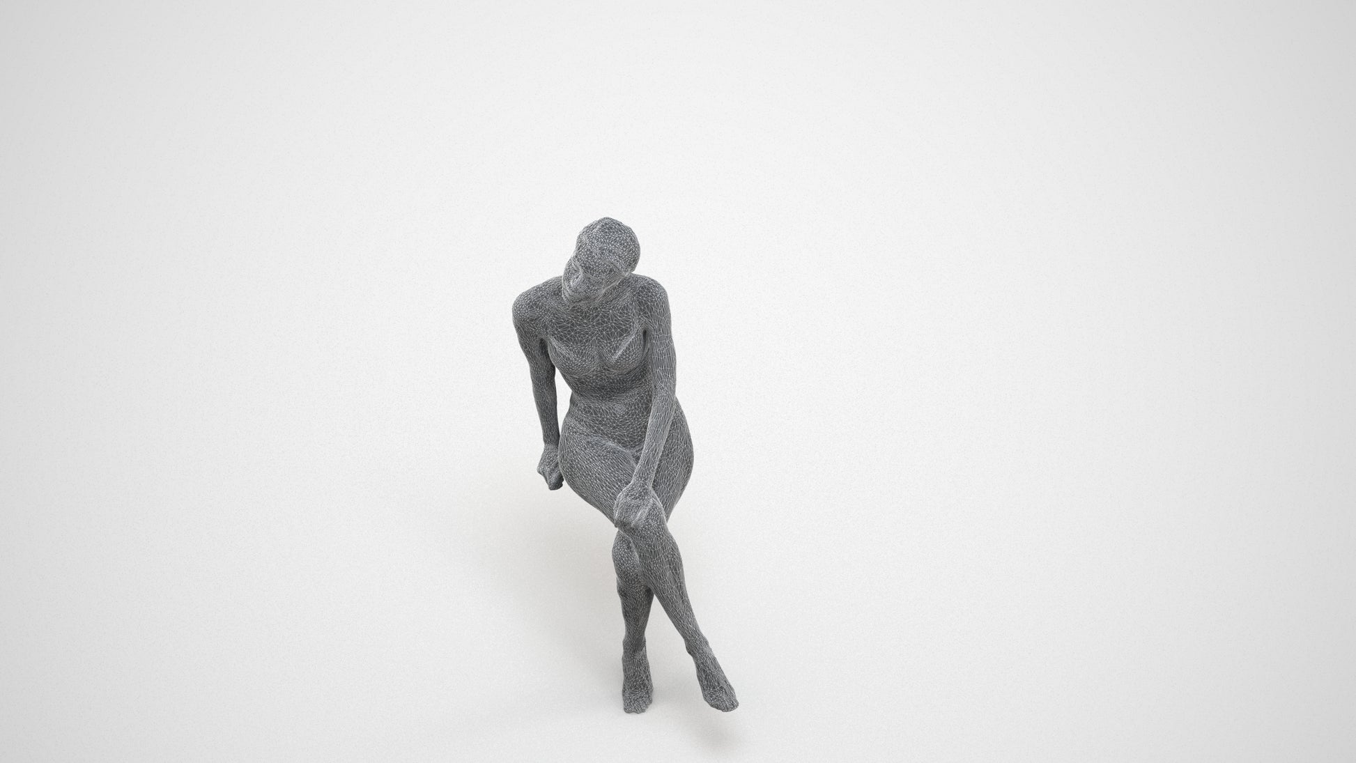 3D human model woman bathroom, photogrammetry scanned person for archviz, wireframe three-quarter view