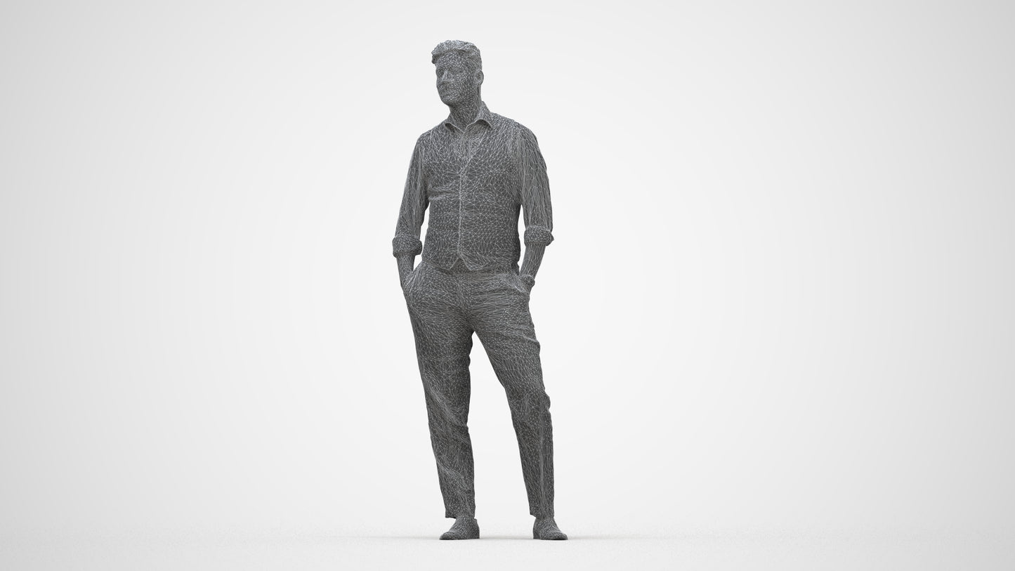 3D scanned man standing business, photorealistic archviz people for Enscape and SketchUp, wireframe back view