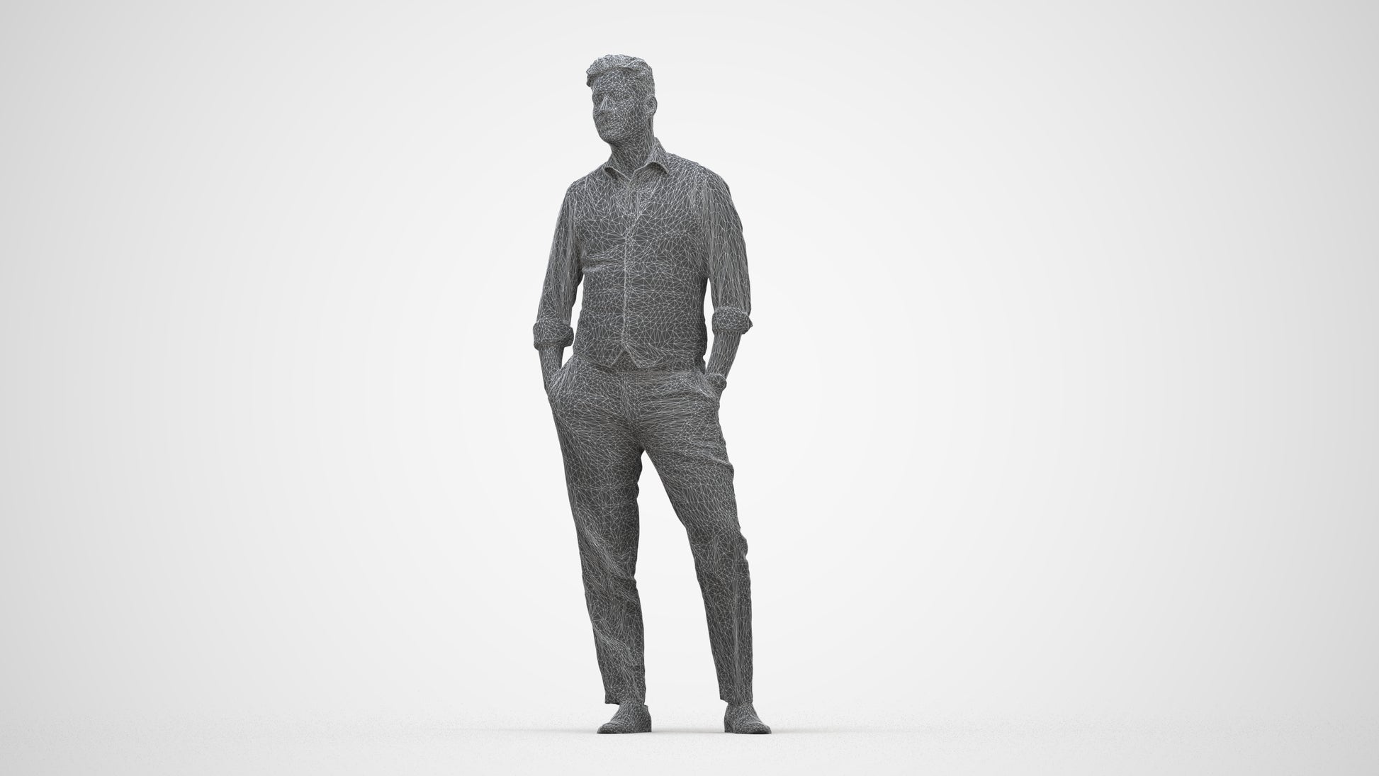 3D scanned man standing business, photorealistic archviz people for Enscape and SketchUp, wireframe back view