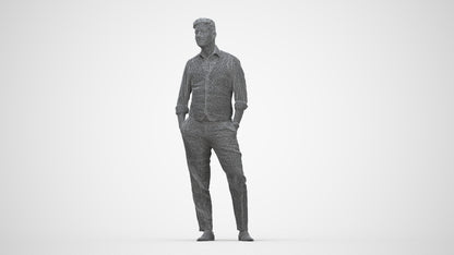 3D scanned man standing business, photorealistic archviz people for Enscape and SketchUp, wireframe back view