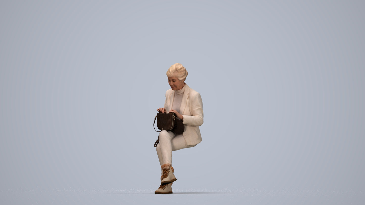 photogrammetry 3D senior woman business sitting, realistic human model archviz FBX, top-down view render