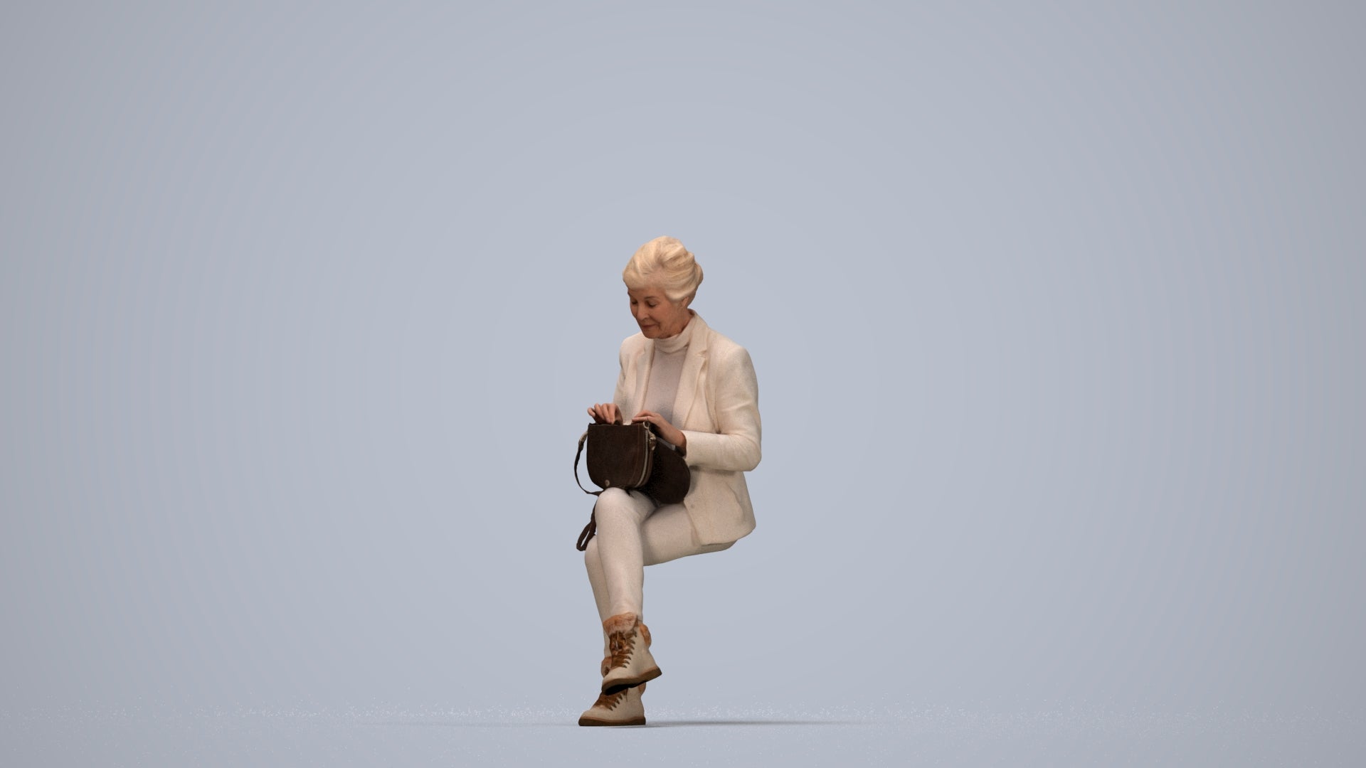 photogrammetry 3D senior woman business sitting, realistic human model archviz FBX, top-down view render