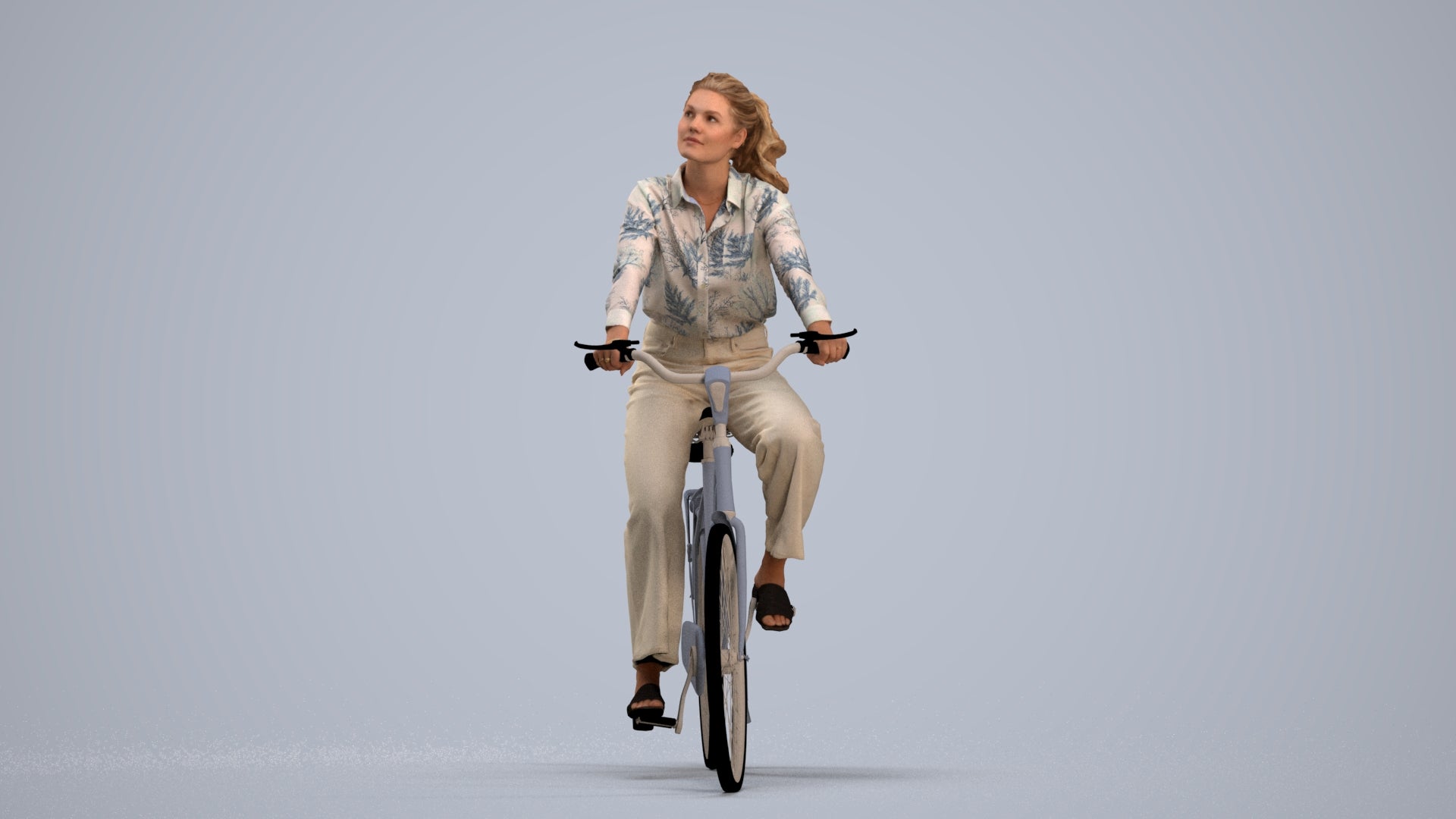 3D scanned woman cycling casual, photorealistic archviz people for Enscape and SketchUp, standing pose render