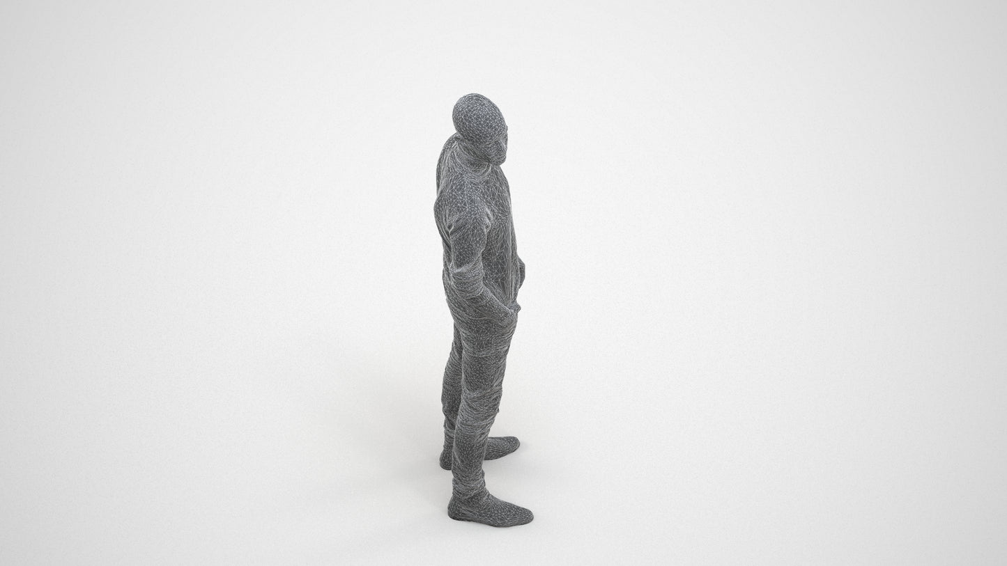 photogrammetry 3D man casual standing, realistic human model archviz FBX, wireframe three-quarter view