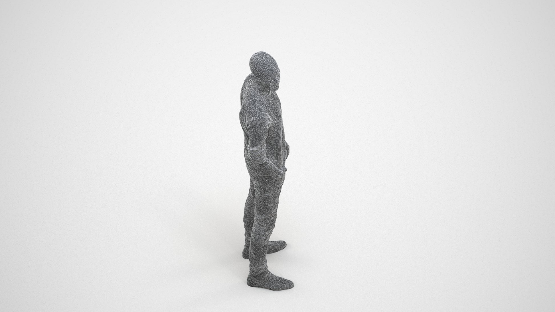 photogrammetry 3D man casual standing, realistic human model archviz FBX, wireframe three-quarter view