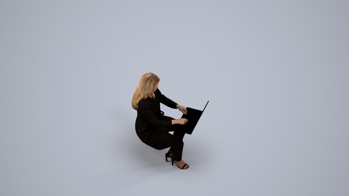 scanned 3D woman business sitting, photogrammetry people for Enscape and V-Ray, back view render