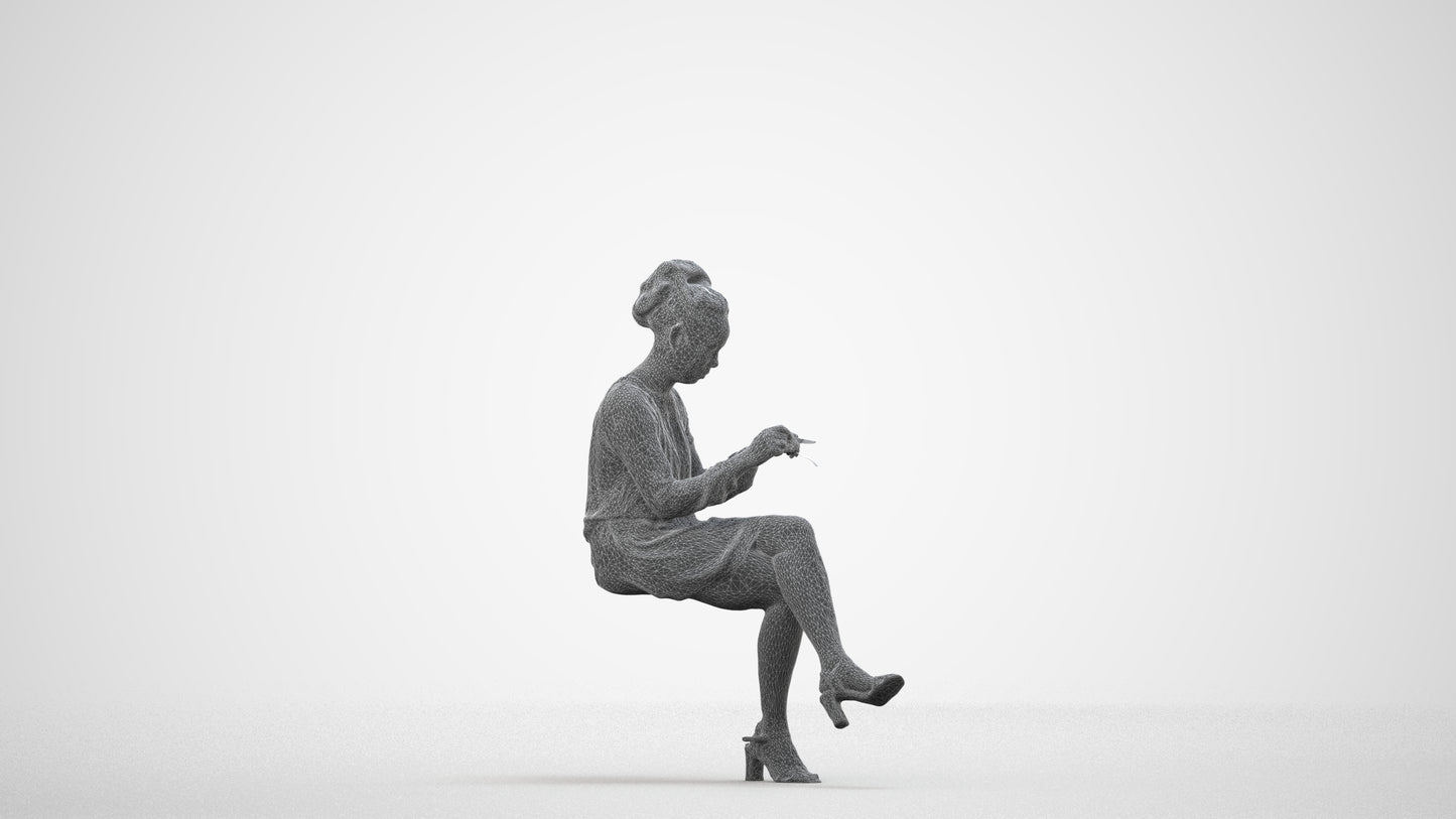 realistic 3D people woman casual sitting, render-ready for V-Ray and Corona, FBX OBJ, wireframe side view