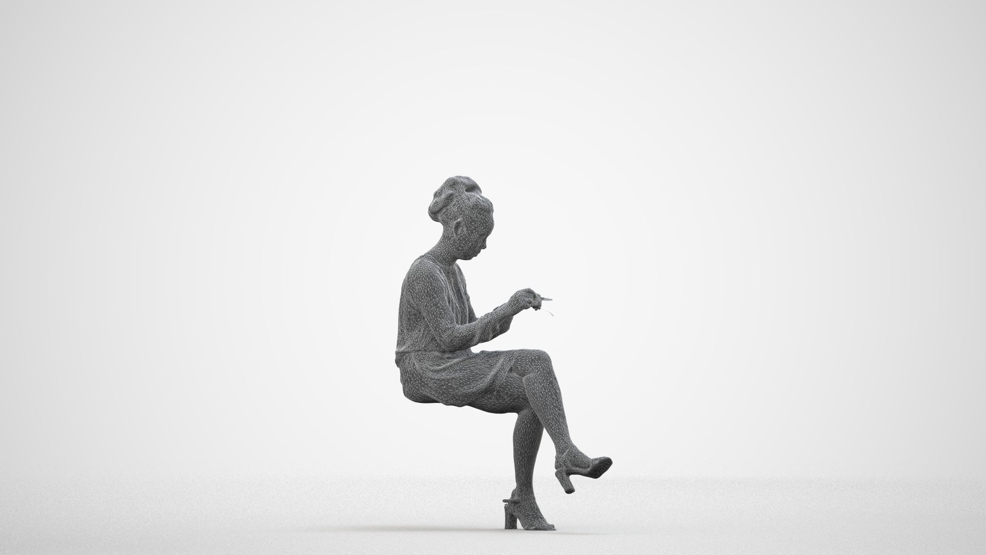 realistic 3D people woman casual sitting, render-ready for V-Ray and Corona, FBX OBJ, wireframe side view