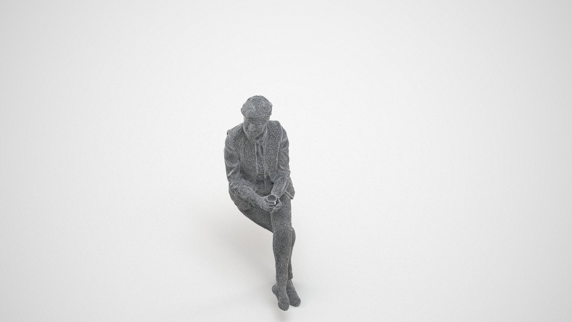 realistic 3D people senior woman casual sitting, render-ready for V-Ray and Corona, FBX OBJ, wireframe three-quarter view