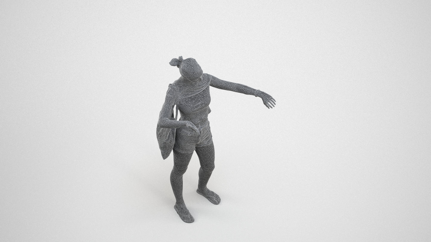 3D scanned girl standing casual, photorealistic archviz people for Enscape and SketchUp, wireframe three-quarter view