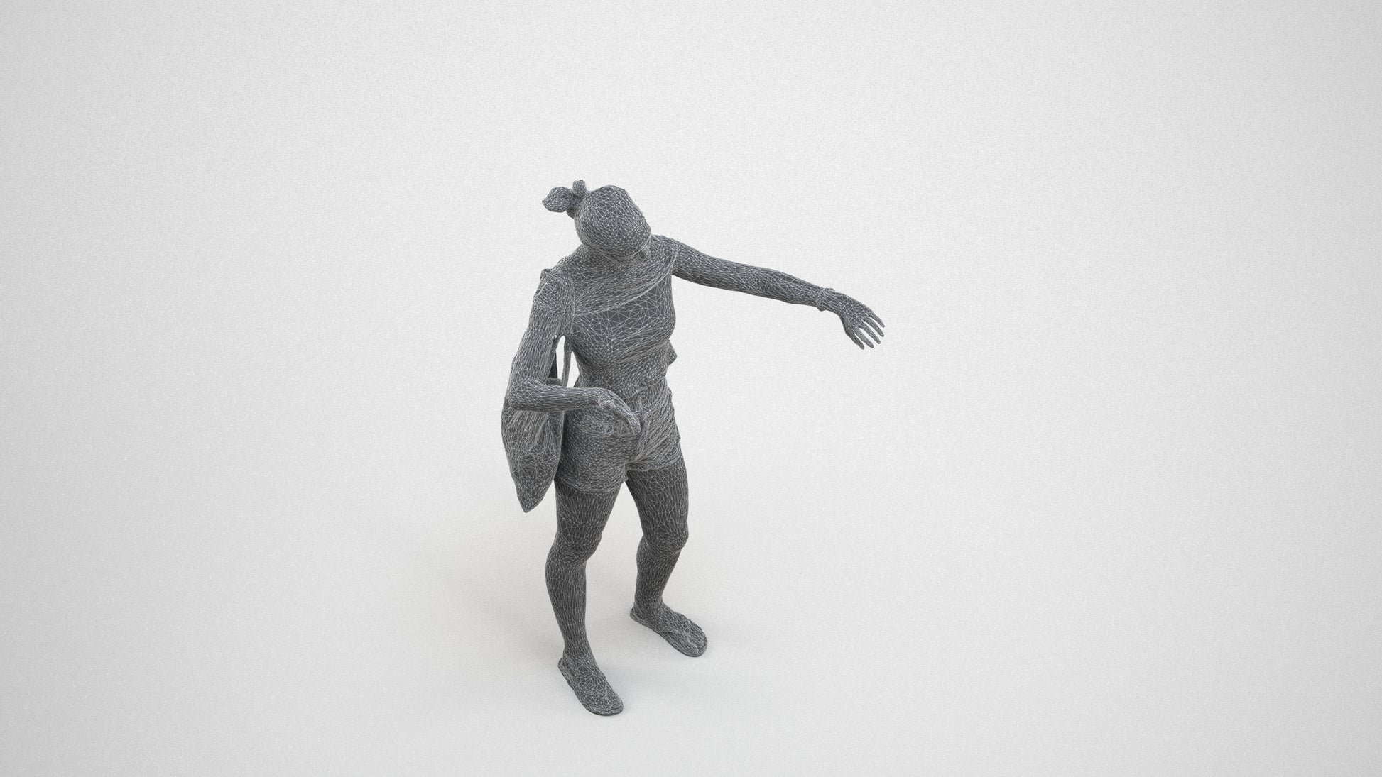 3D scanned girl standing casual, photorealistic archviz people for Enscape and SketchUp, wireframe three-quarter view