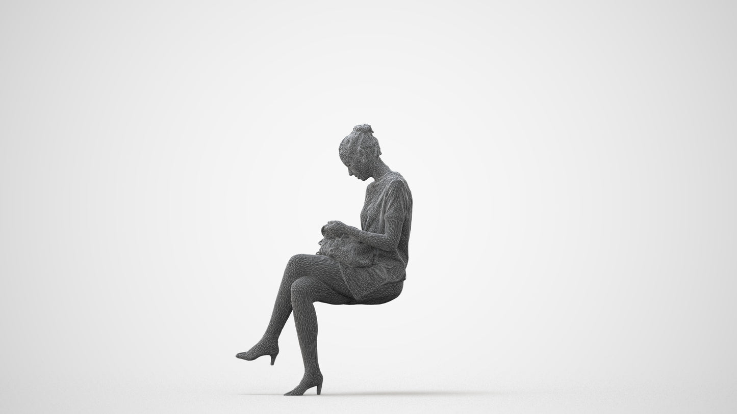 3D scanned woman sitting casual, photorealistic archviz people for Enscape and SketchUp, square thumbnail