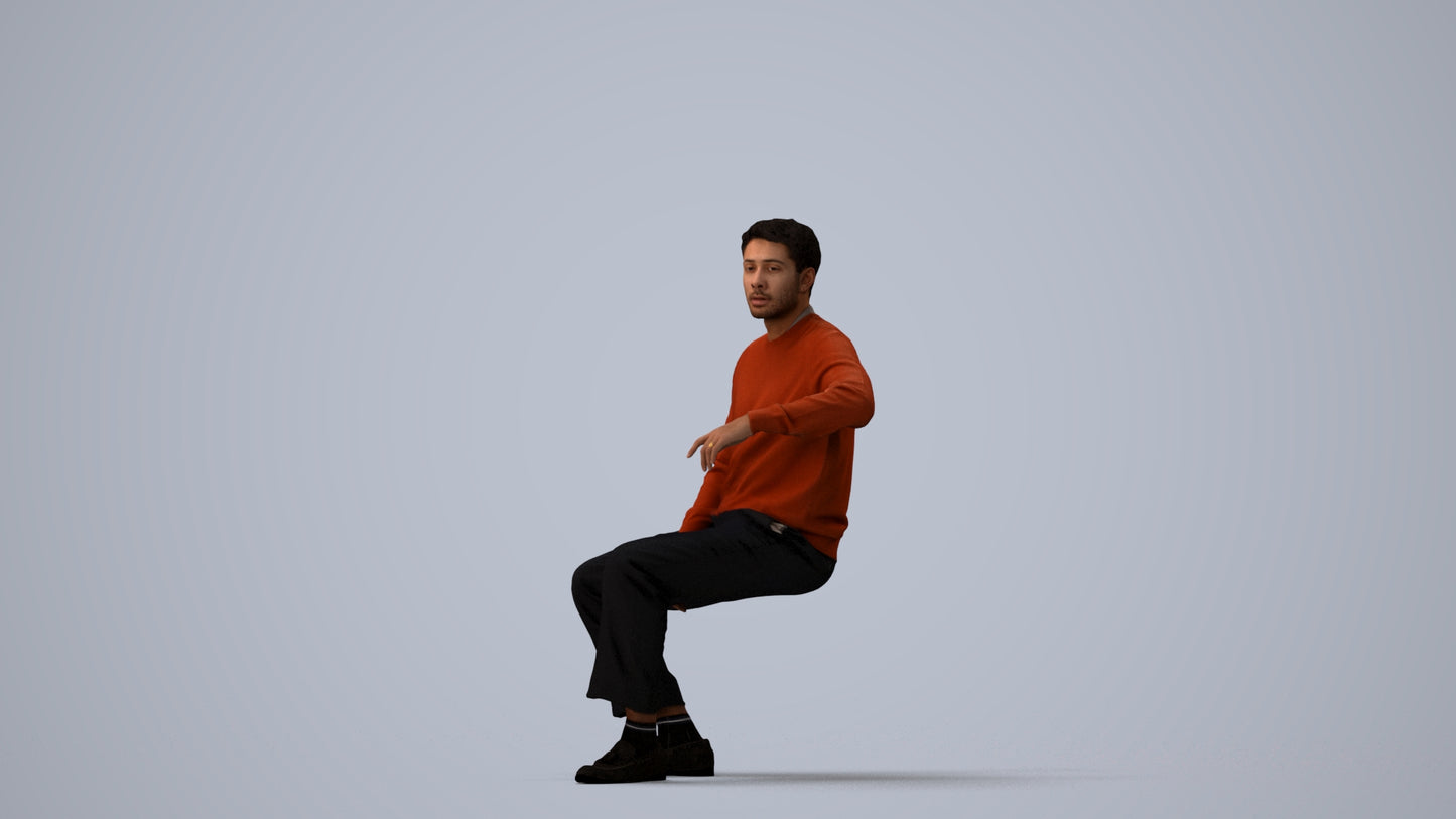 photogrammetry 3D man casual sitting, realistic human model archviz FBX, three-quarter view render