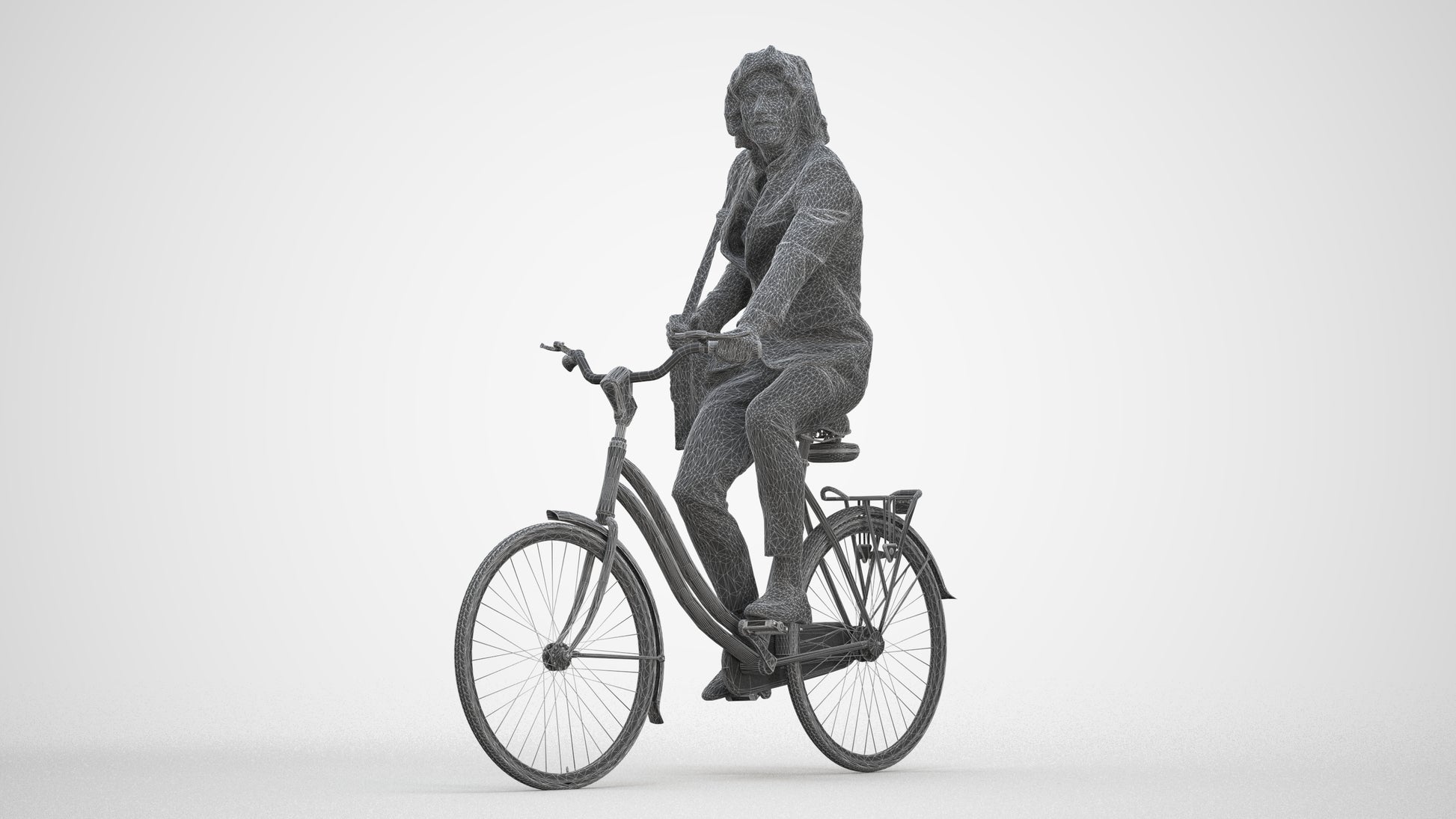3D human model man business cycling, photogrammetry scanned person for archviz, three-quarter front view render