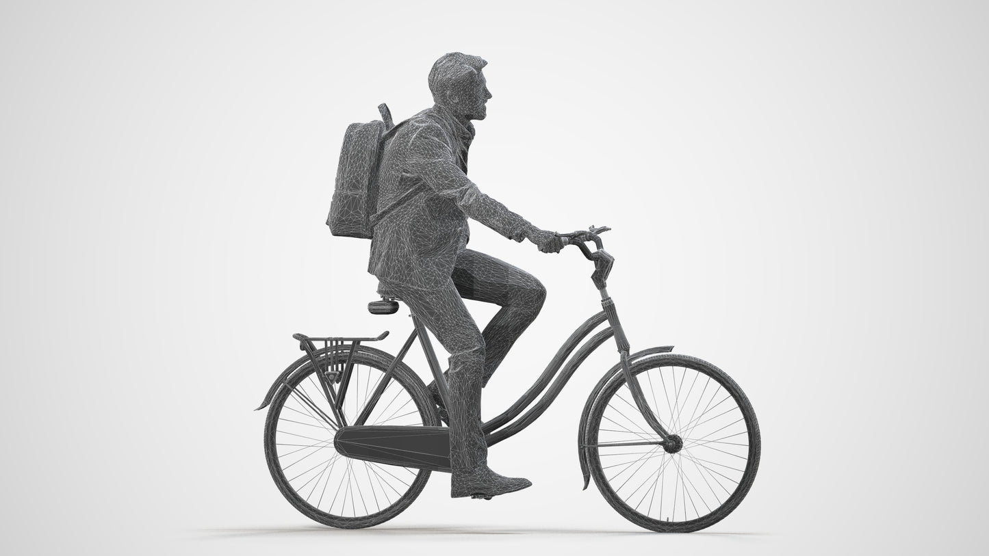 3D people model man business cycling, scanned human for 3ds Max rendering, wireframe side view