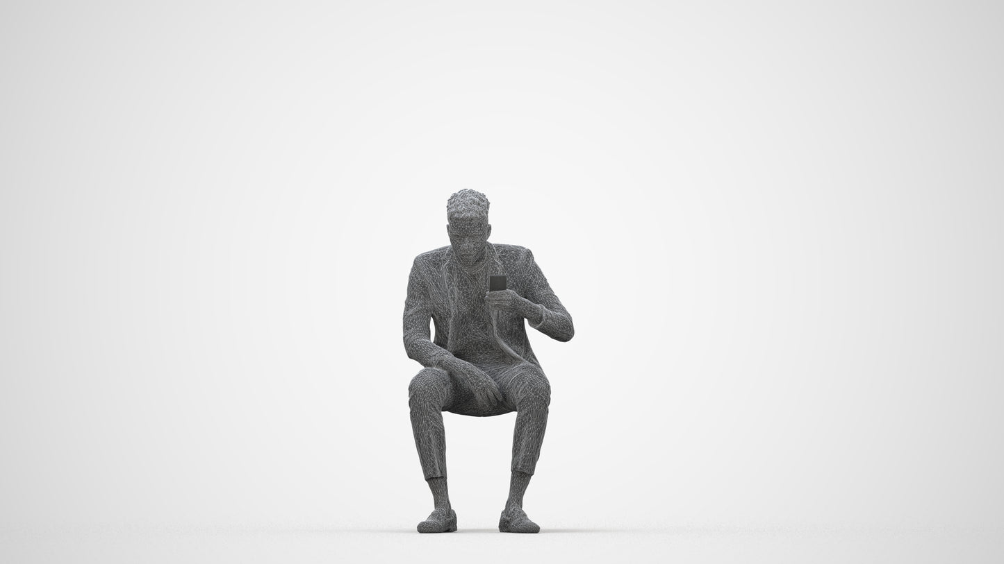 realistic 3D man casual sitting, scanned archviz people for Blender and 3ds Max, wireframe back view