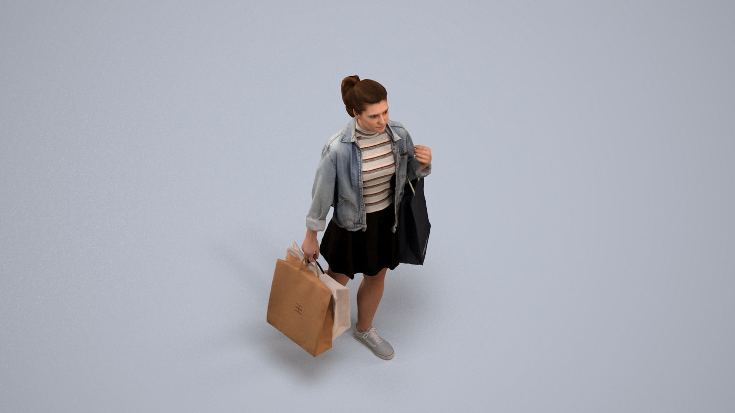 realistic 3D human woman casual walking, archviz people FBX OBJ for Blender, back view render