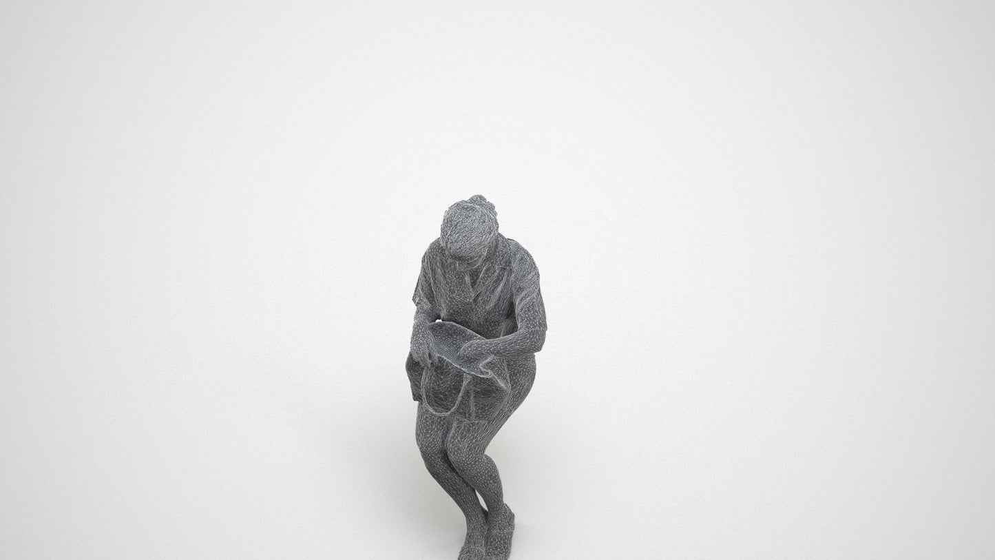 3D scanned woman sitting casual, photorealistic archviz people for Enscape and SketchUp, wireframe three-quarter view