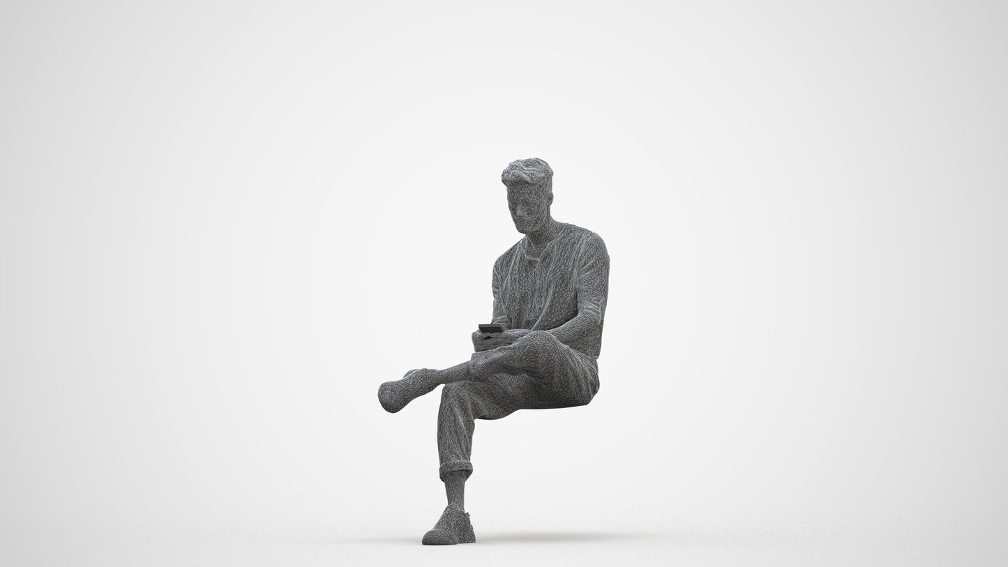 3D human model man casual sitting, photogrammetry scanned person for archviz, three-quarter front view render