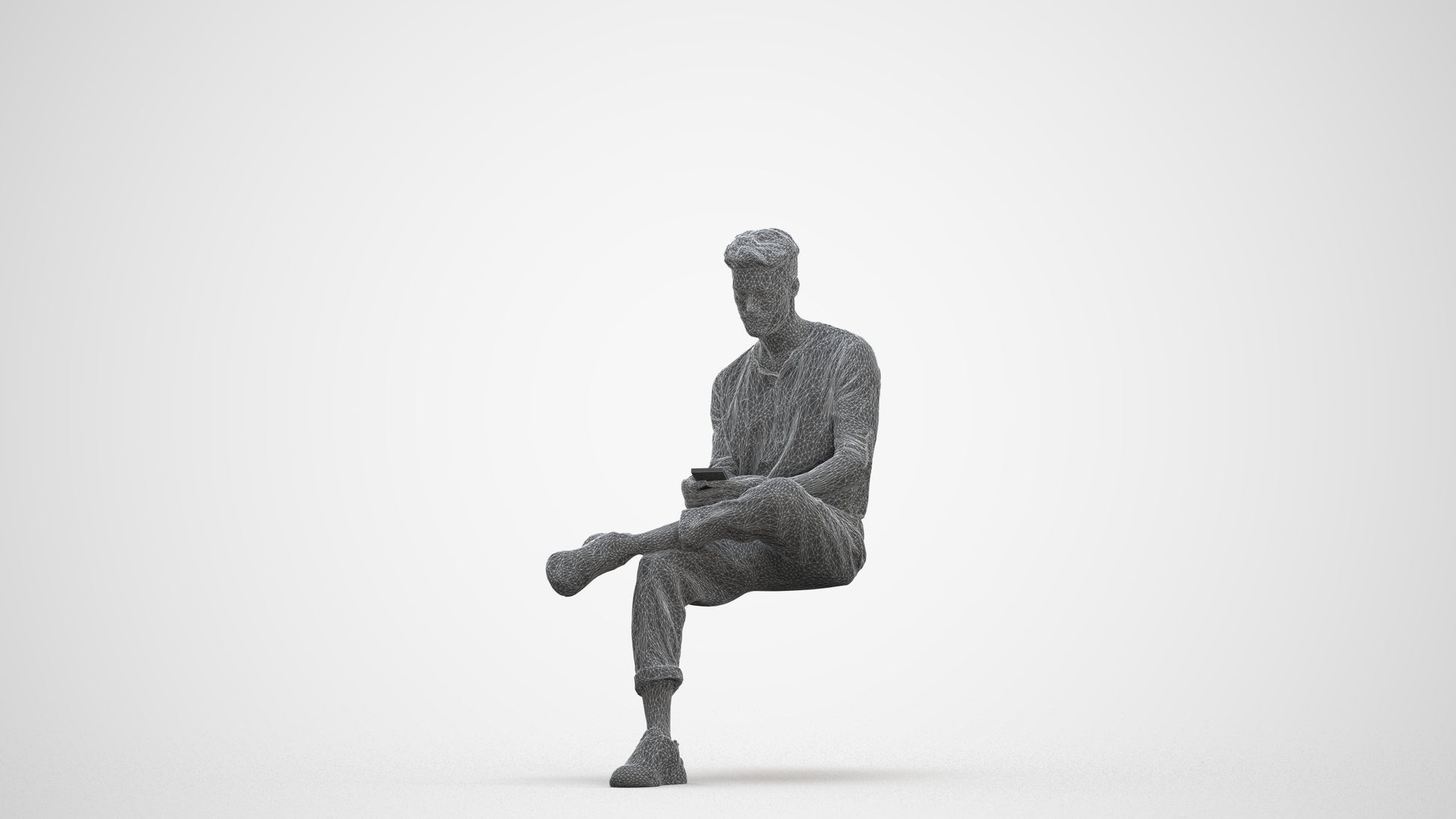 3D human model man casual sitting, photogrammetry scanned person for archviz, three-quarter front view render