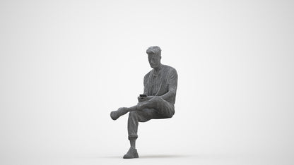 3D human model man casual sitting, photogrammetry scanned person for archviz, three-quarter front view render