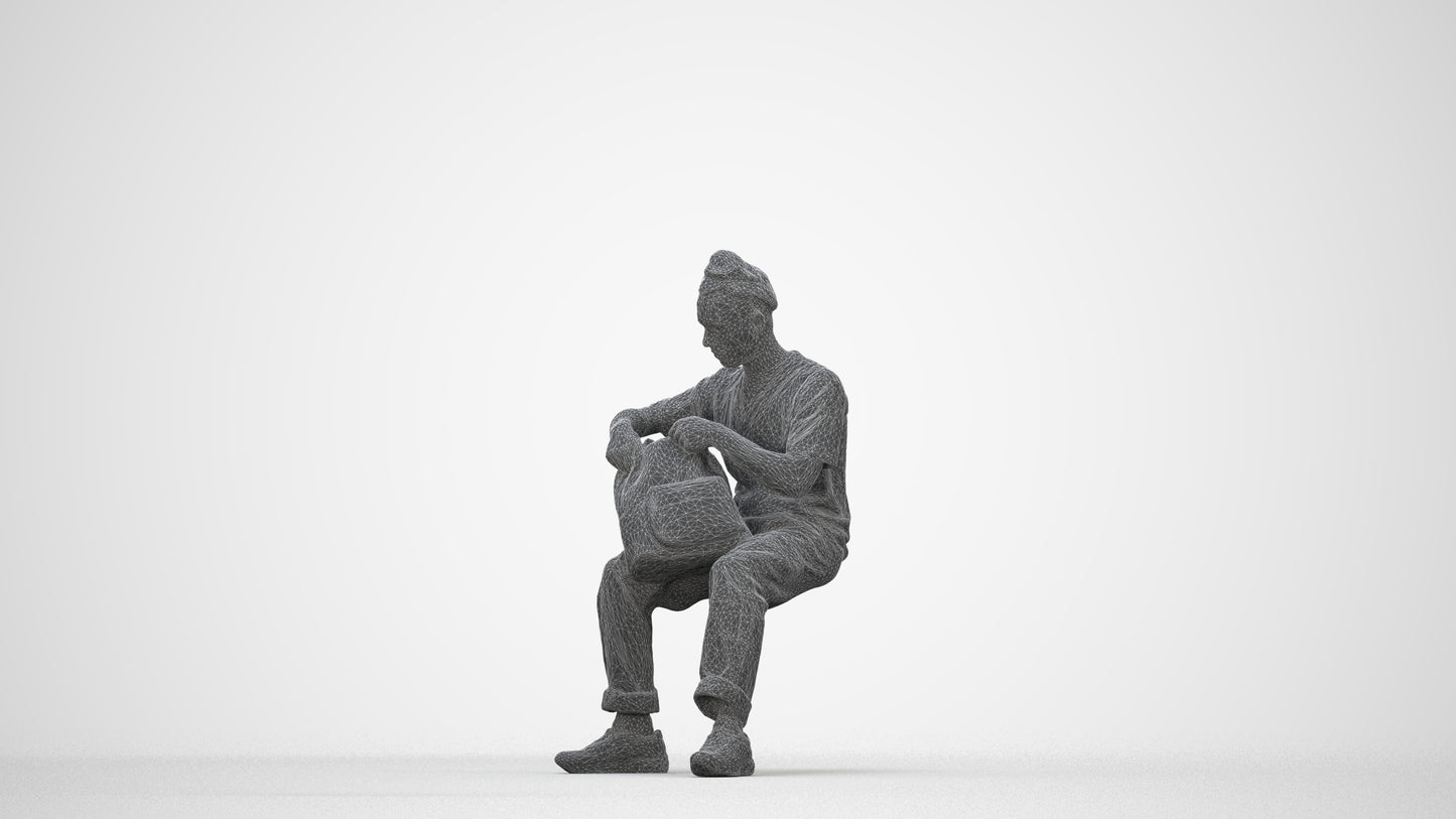 3D human model man casual sitting, photogrammetry scanned person for archviz, wireframe back view